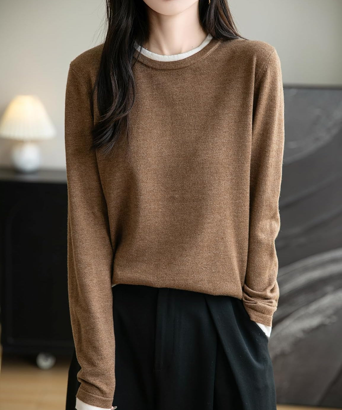 Merino Wool Fake Two-Piece Color Block Crewneck Knit Top
