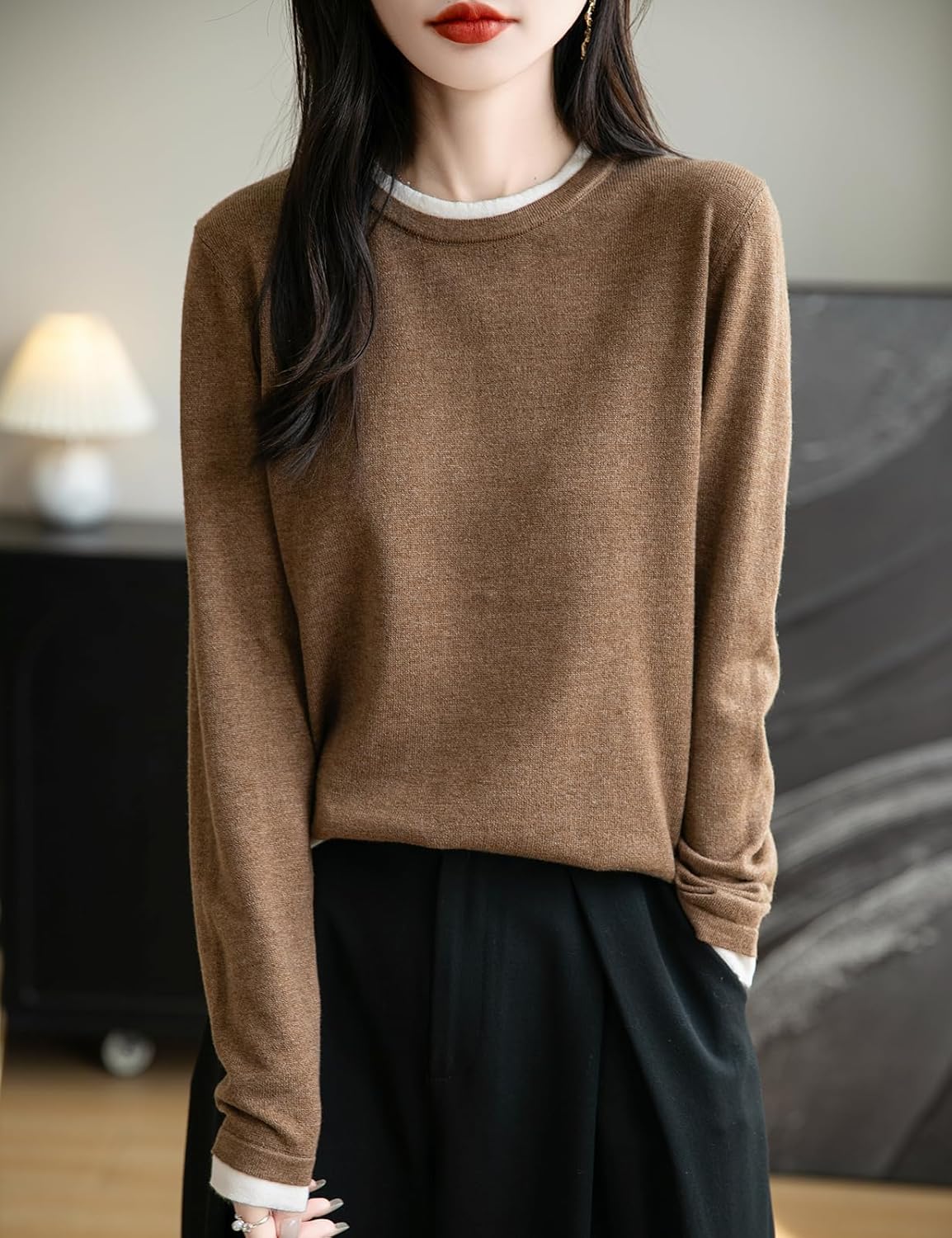 Women's Merino Wool Sweater 2025 Fall Winter Fake Two Piece Color Block Shirt Crewneck Long Sleeve Knit Pullover Top