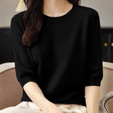 Chanyarn Women's 100% Merino Wool Sweater Crewneck Half Sleeve Tops Lightweight Spring Summer Sweater Knit Pullover