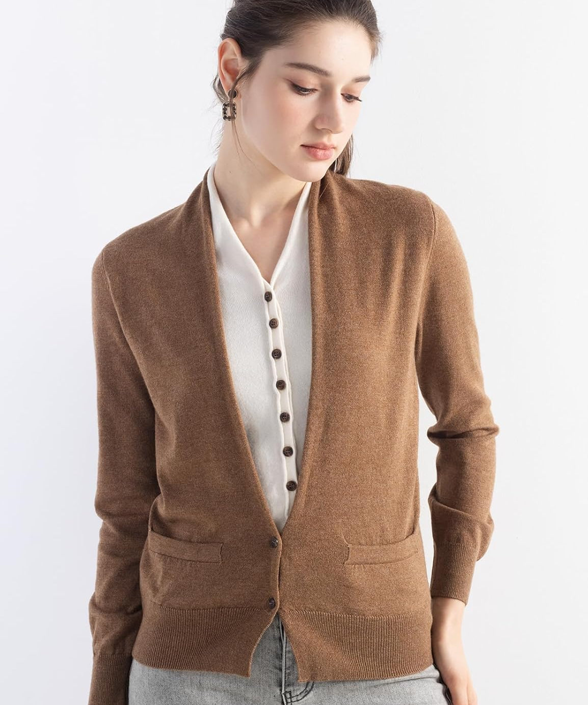 Merino Wool Fake Two-Piece V-Neck Color Block Knit Top