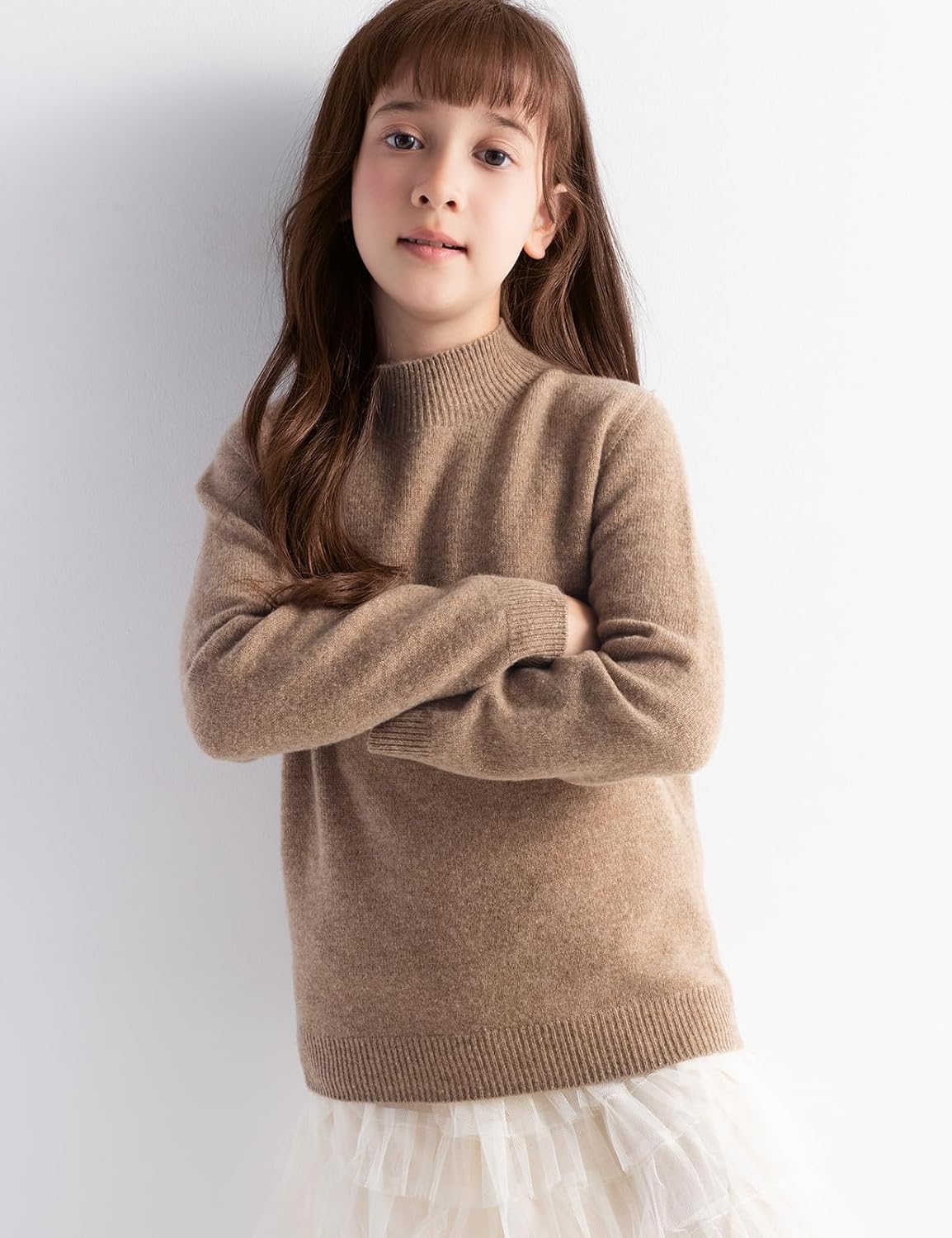 Girls 100% Merino Wool Sweater Fall Winter First-Line Ready to Wear Mock Neck Long Sleeve Seamless Pullover