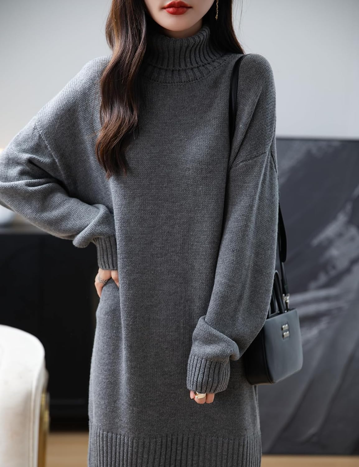 Chanyarn Womens Merino Wool Blend Turtleneck Oversized Sweater Dress | Fall Winte Brown5202 / M Chanyarn Womens Merino Wool Blend Turtleneck Oversized Sweater Dress | Fall Winte Brown5202 / M