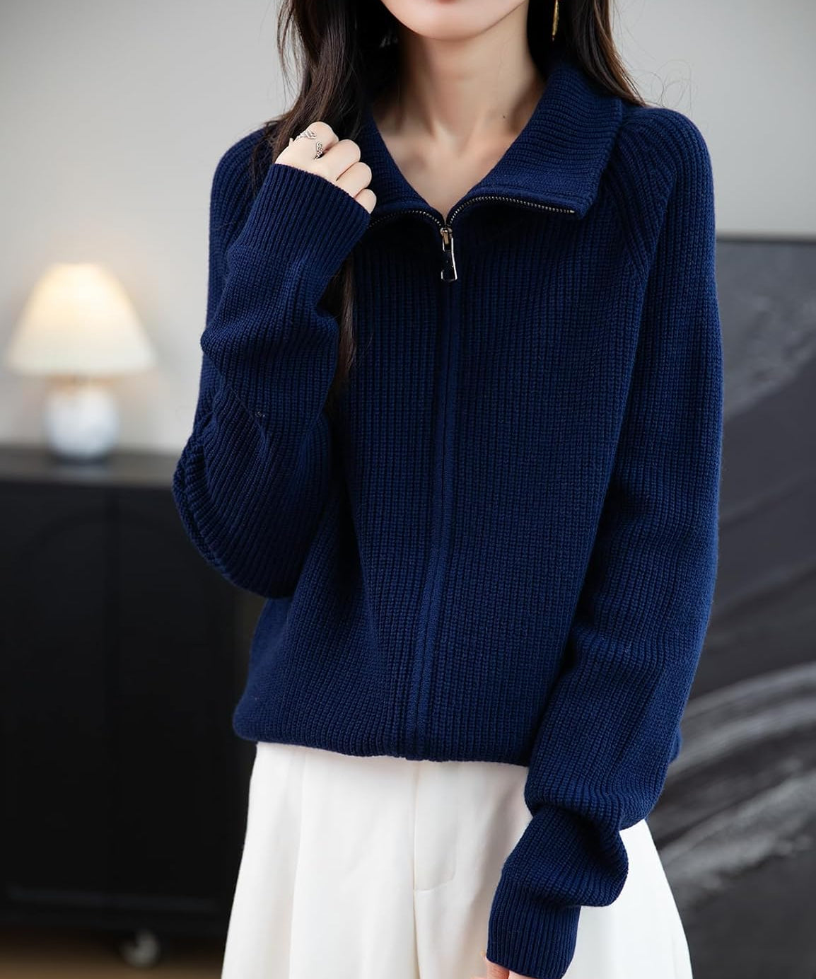 Merino Wool Blend Zipper Knit Sweatshirt Cardigan
