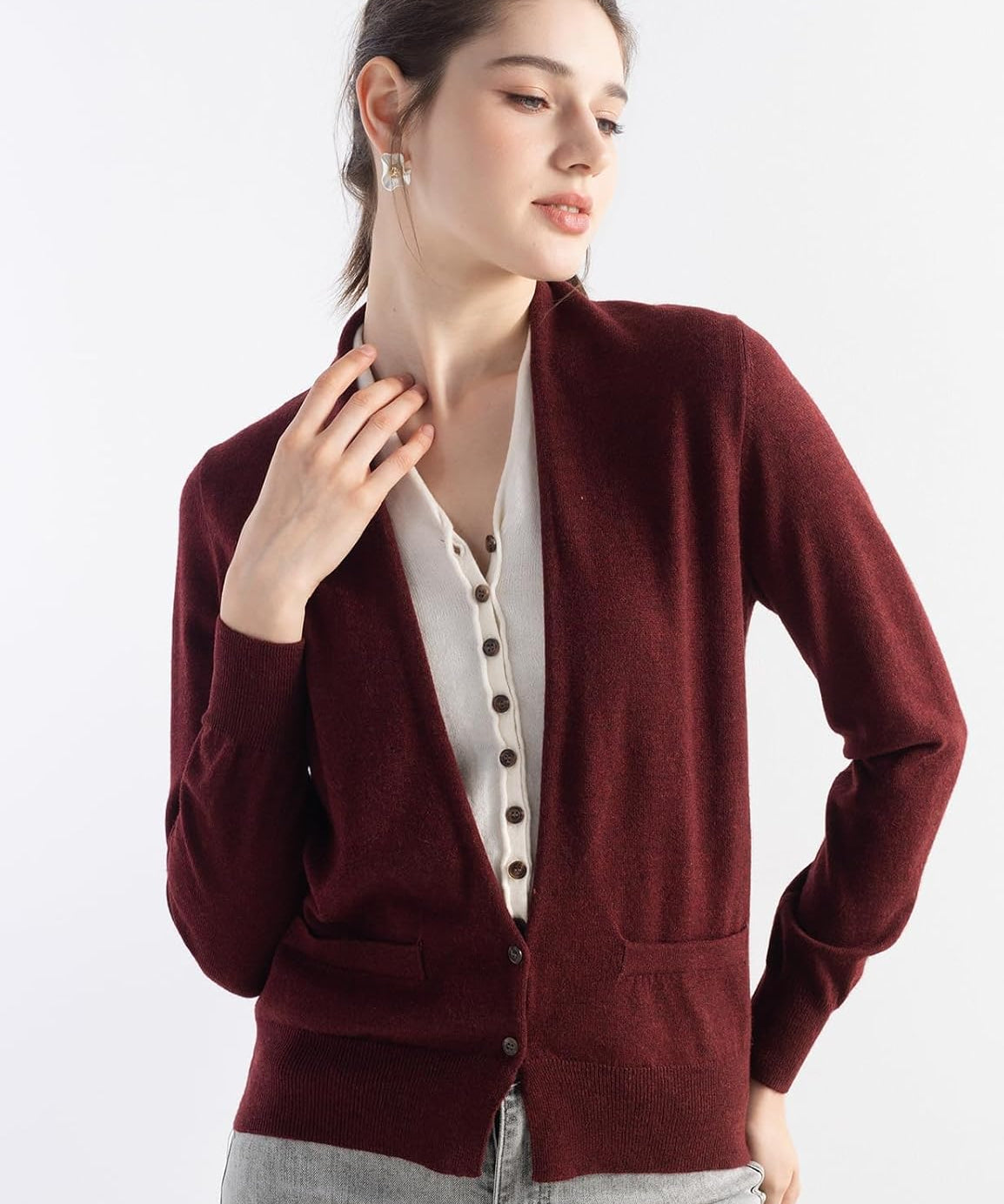Merino Wool Fake Two-Piece V-Neck Color Block Knit Top