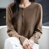 Women's Merino Wool Cardigan Crew Neck Fall Winter Long Sleeve First-Line Ready to Wear Seamless Knit Cardigan