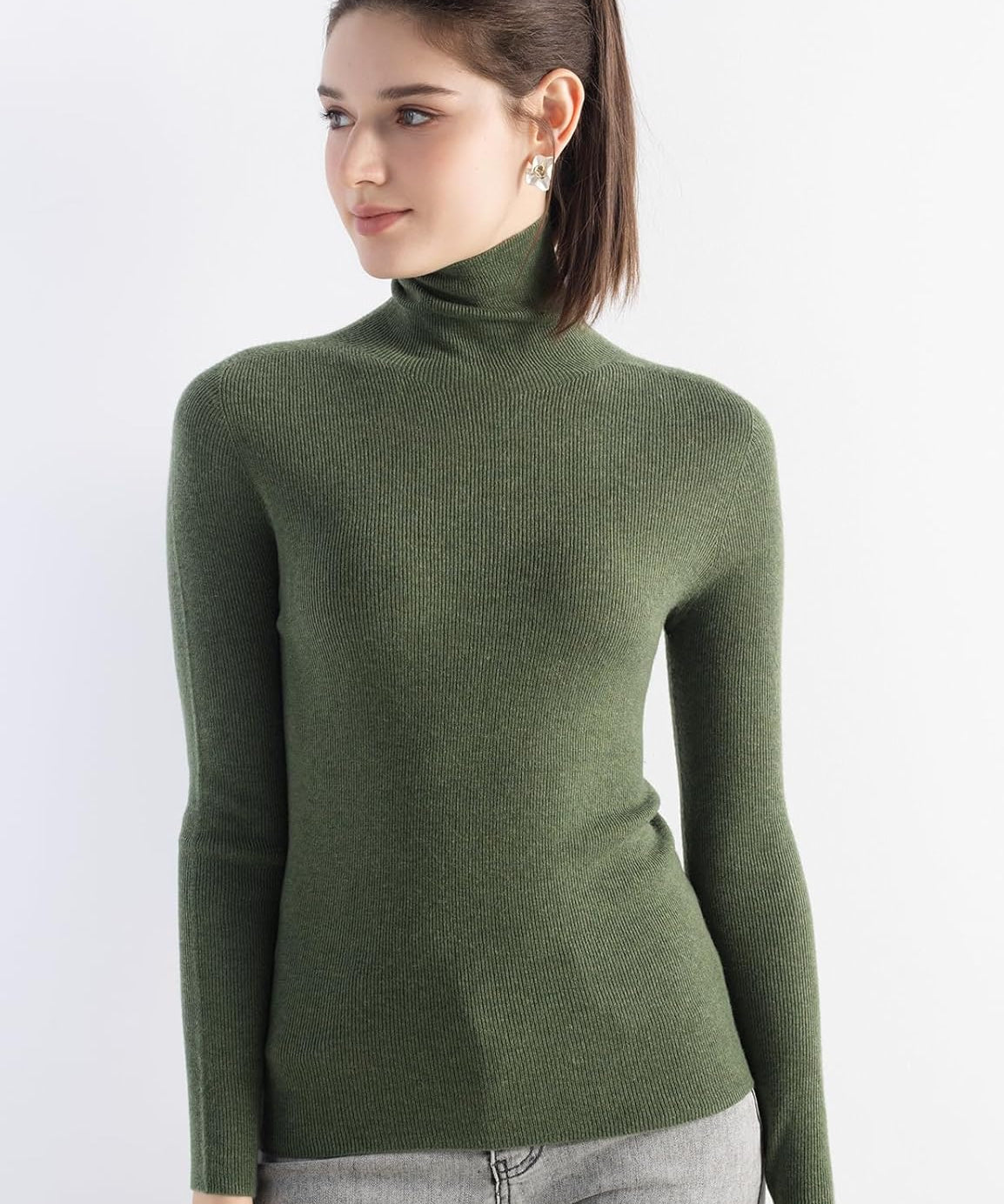 Merino Wool Blend Ribbed Turtleneck Slim Fit Sweater