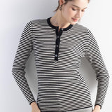 Women's Merino Wool Blend Sweater 2025 Fall Winter Crew Neck Striped Slim Fit Long Sleeve Knit Pullover with Button
