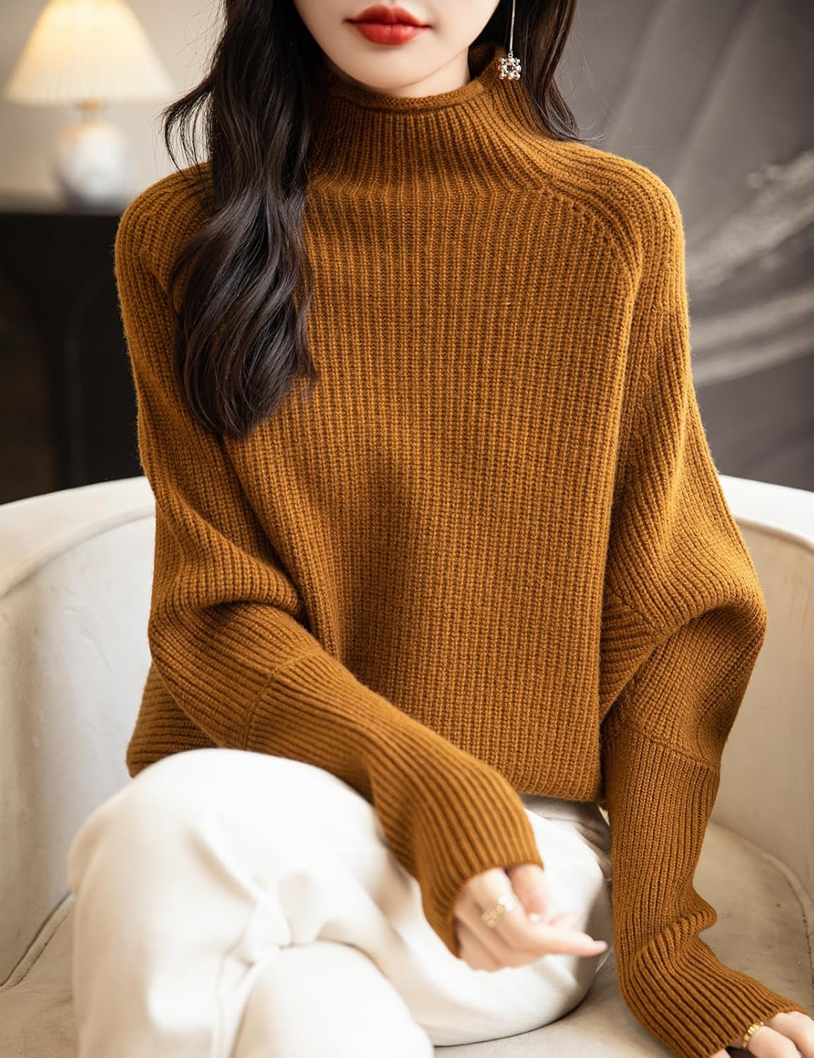 Chanyarn Women's 100% Merino Wool Sweater 2025 Fall Winter Mock Neck Oversized Long Batwing Sleeve Loose Knitted Sweater