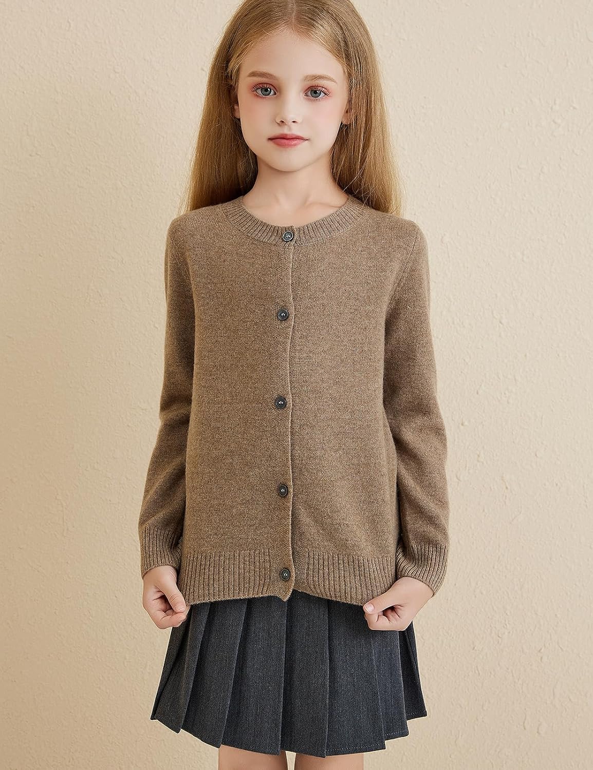 Girls 100% Merino Wool Crewneck Cardigan
