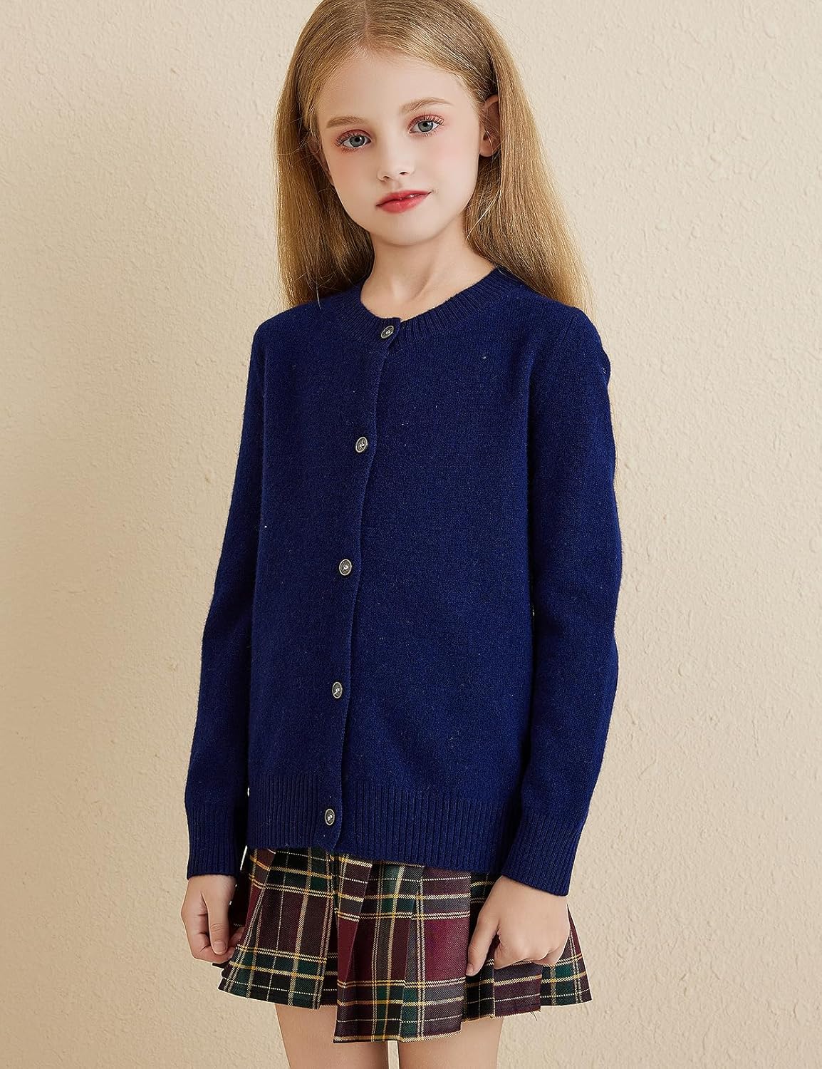Girls 100% Merino Wool Crewneck Cardigan