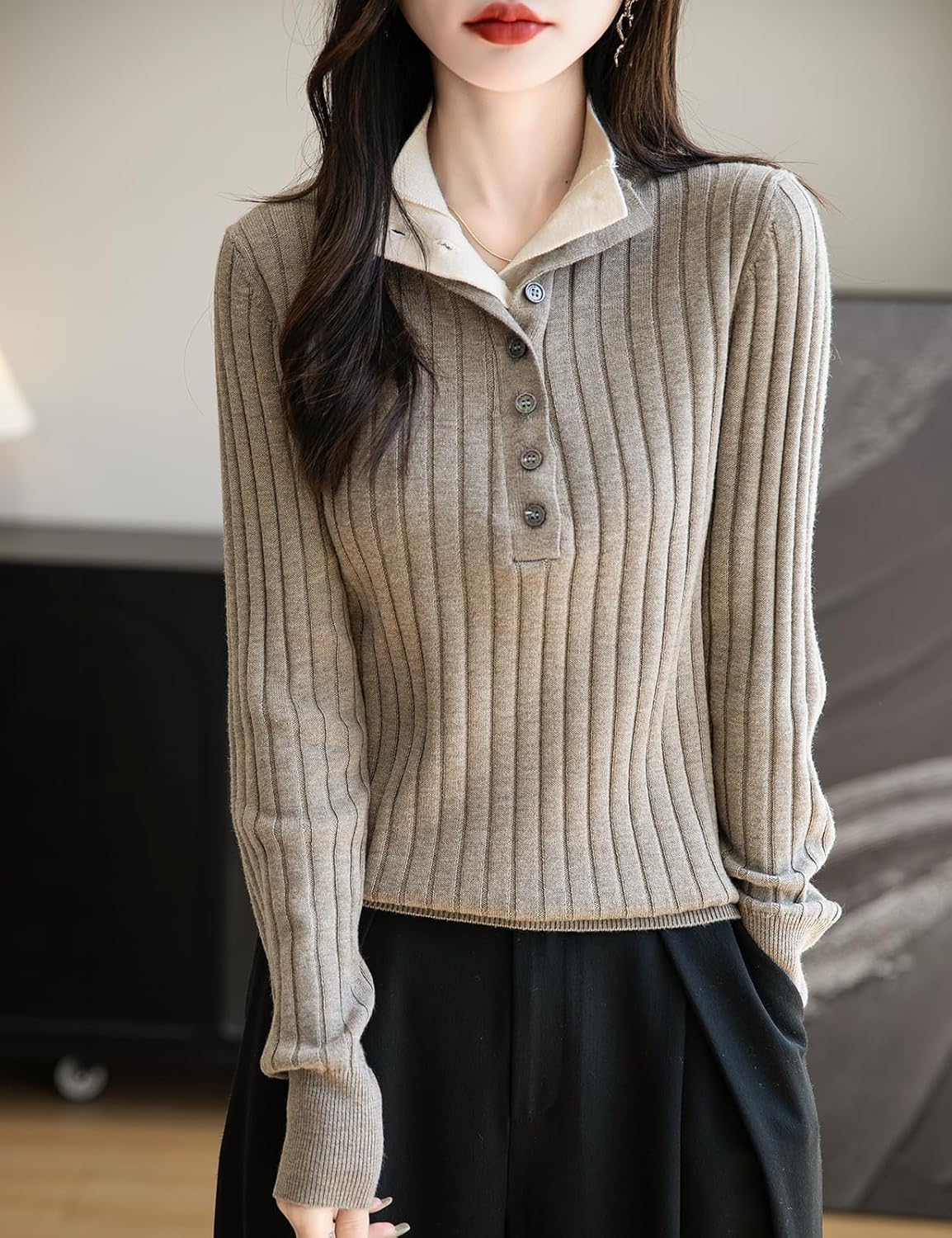 Pullage en laine mérinos pour femmes automne d'hiver faux trottoir en deux pièces Collier de support de support à manches longues tricot