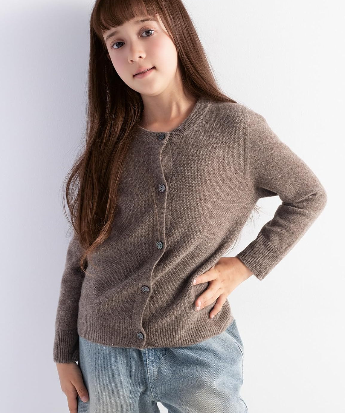 Girls' 100% Merino Wool Seamless Crewneck Cardigan