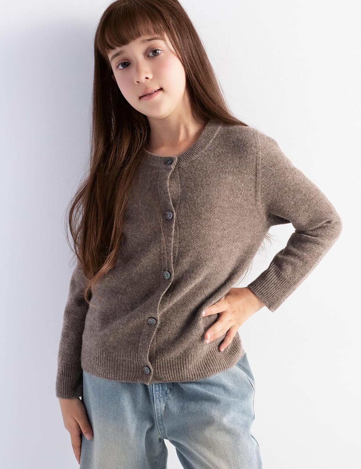 Girls 100% Merino Wool Cardigan Fall Winter First-Line Ready to Wear Crewneck Long Sleeve Seamless Sweater