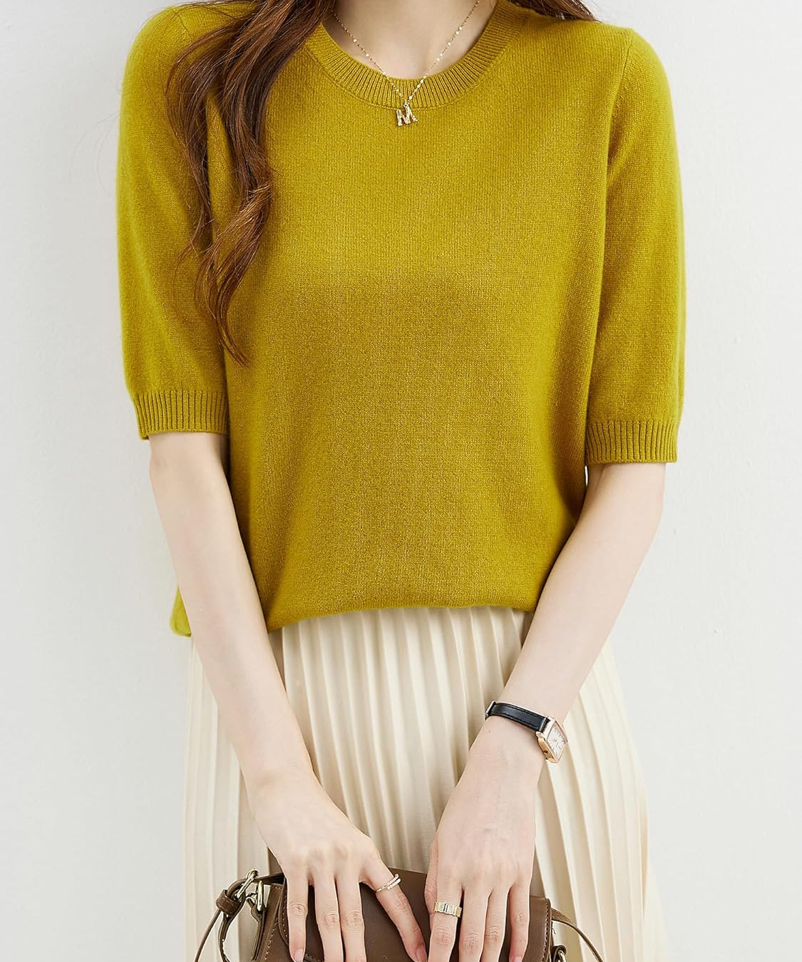 Chanyarn Women's 100% Merino Wool Sweater Crewneck Half Sleeve Tops Lightweight Spring Summer Sweater Knit Pullover