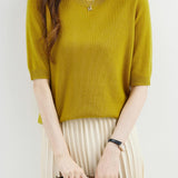 Chanyarn Women's 100% Merino Wool Sweater Crewneck Half Sleeve Tops Lightweight Spring Summer Sweater Knit Pullover