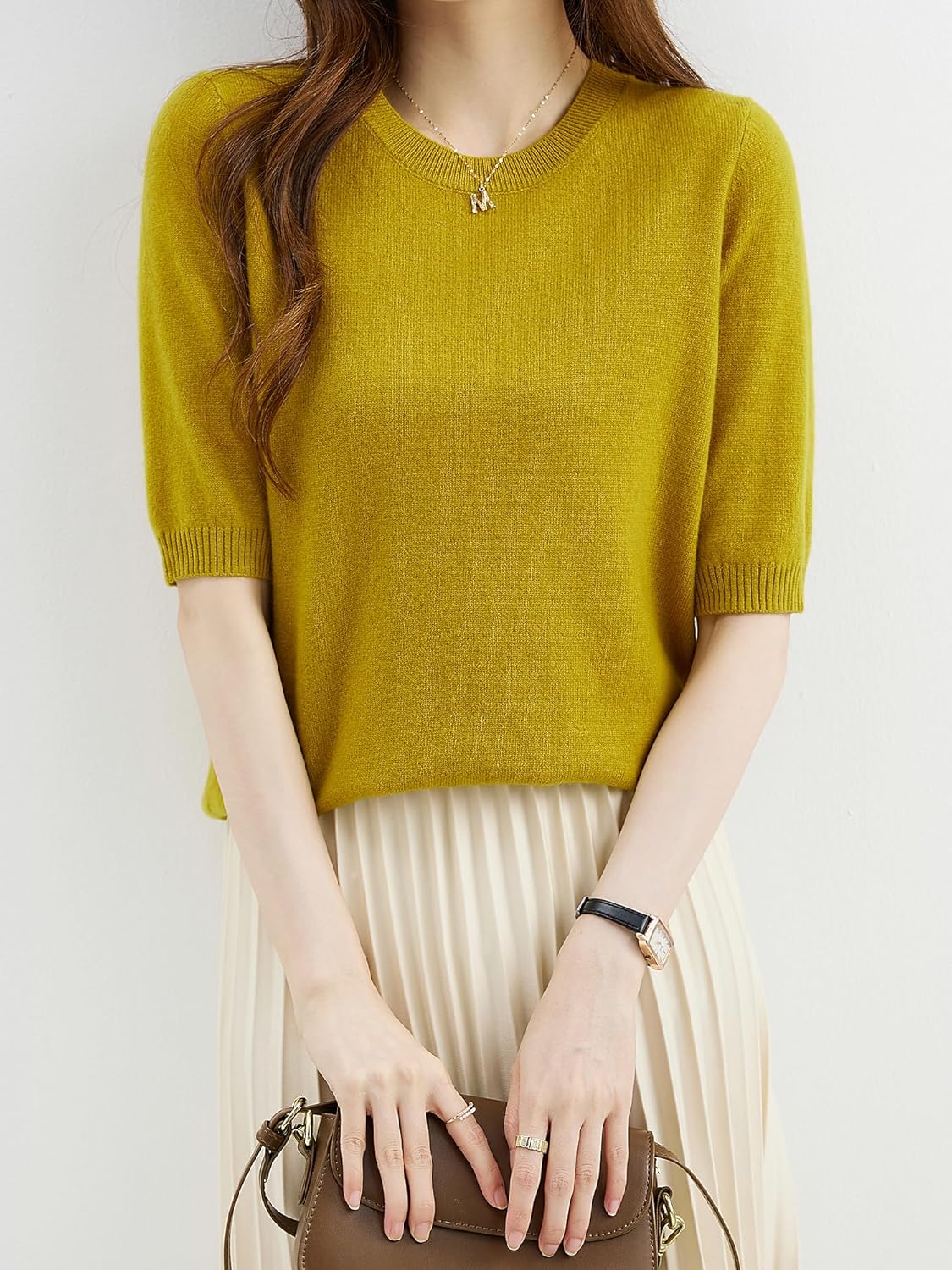 Chanyarn Women's 100% Merino Wool Sweater Crewneck Half Sleeve Tops Lightweight Spring Summer Sweater Knit Pullover