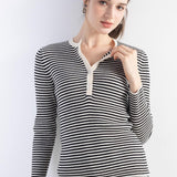 Women's Merino Wool Blend Sweater 2025 Fall Winter Crew Neck Striped Slim Fit Long Sleeve Knit Pullover with Button