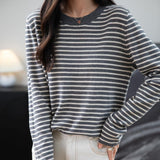 Frauen Merino Wollpullover 2025 Herbst Winter Casual Crew Hals gestreift
