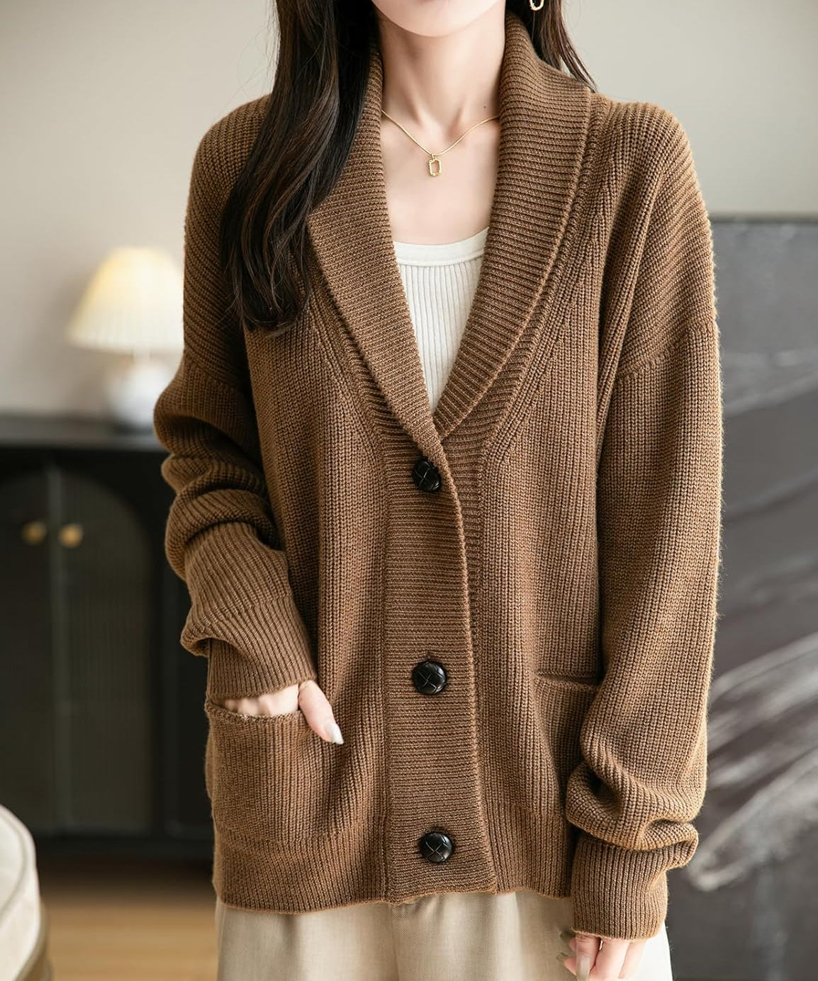 Merino Wool Blend V-Neck Button Cardigan with Pocket