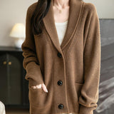 Women's Merino Wool Sweater V-Neck Ribbed 2025 Fall Winter Lapel Button Down Long Sleeve Knit Cardigan with Pocket