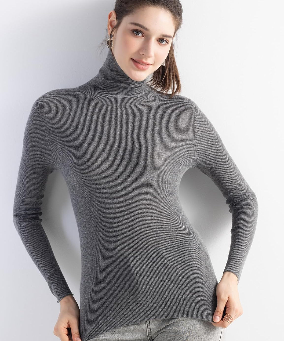 Merino Wool Blend Ribbed Turtleneck Slim Fit Sweater