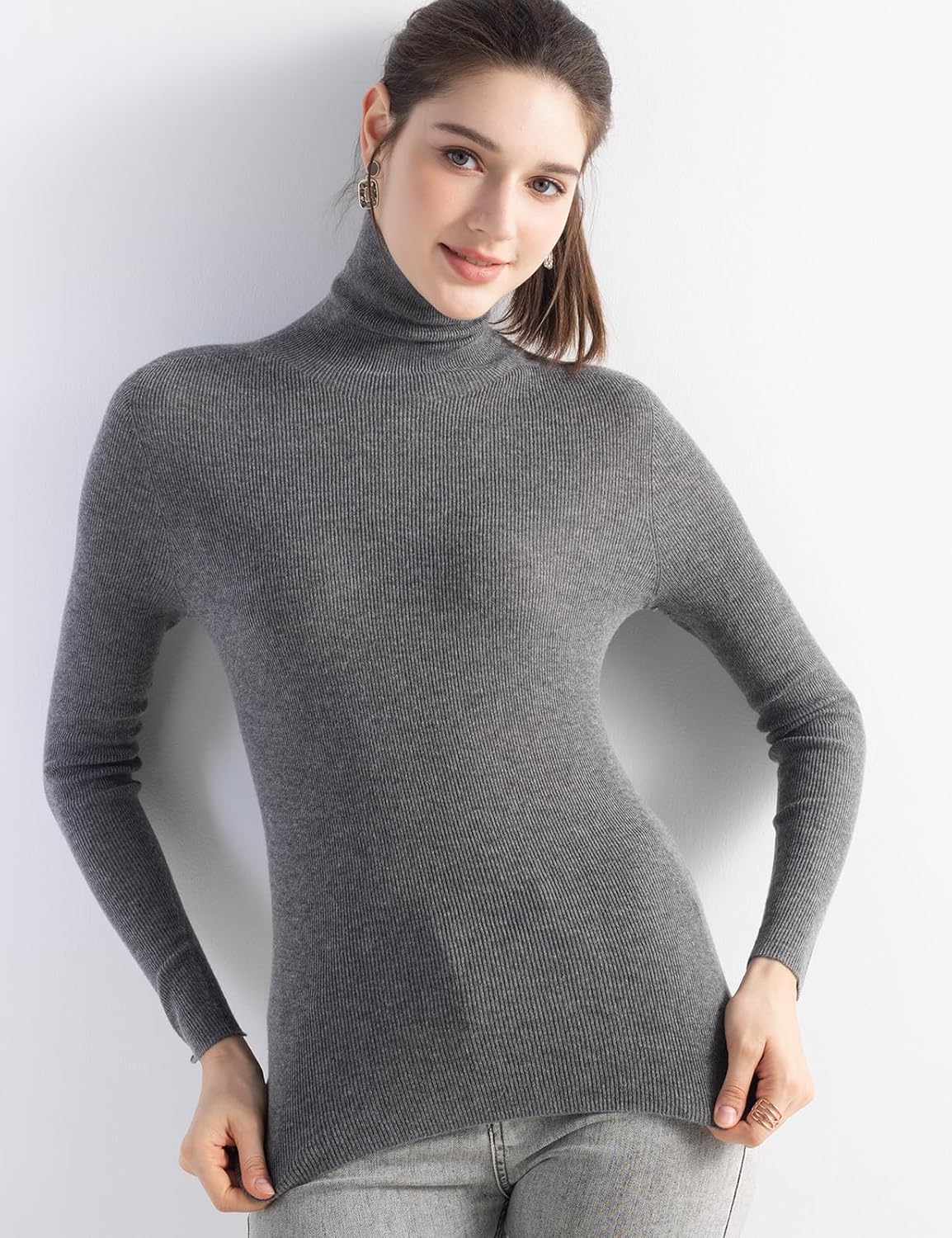 Women's Merino Wool Sweater Fall Winter Turtleneck Rib Long Sleeve First-Line Ready to Wear Seamless Knit Sweater