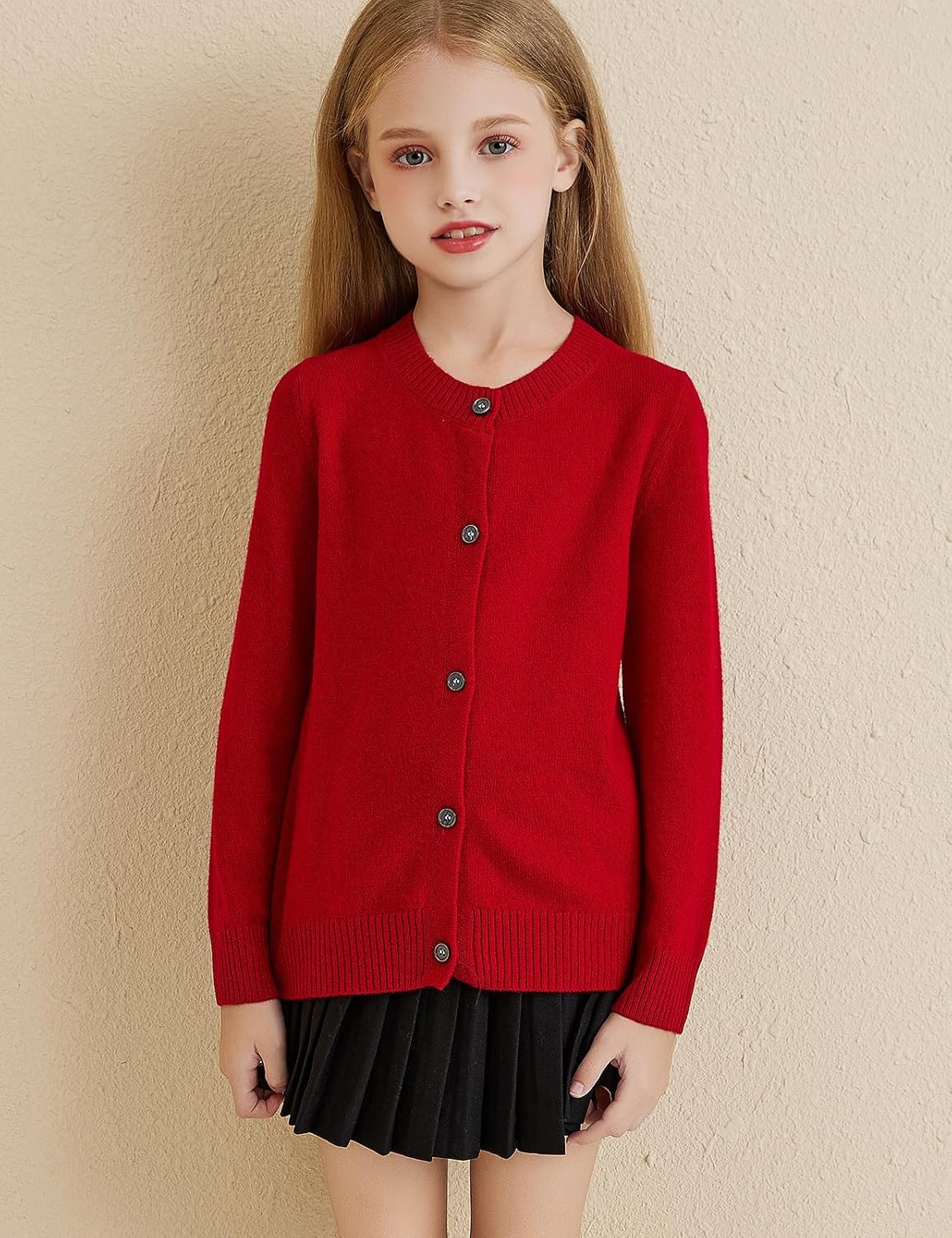 Girls 100% Merino Wool Crewneck Cardigan