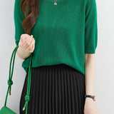 Chanyarn Women's 100% Merino Wool Sweater Crewneck Half Sleeve Tops Lightweight Spring Summer Sweater Knit Pullover