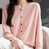 Women's Merino Wool Cardigan Crew Neck Fall Winter Long Sleeve First-Line Ready to Wear Seamless Knit Cardigan