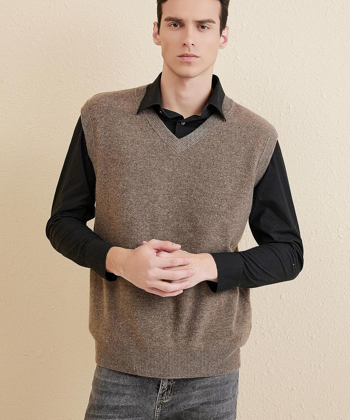 Men's 100% Merino Wool Sweater Vest 2025 Fall Winter Casual Solid V Neck Soft Sleeveless Knitted Sweater Vest