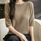 Women's 100% Merino Wool Spring Fall Winter First-Line Ready to Wear Seamless Knit Crewneck Short Sleeve Sweater