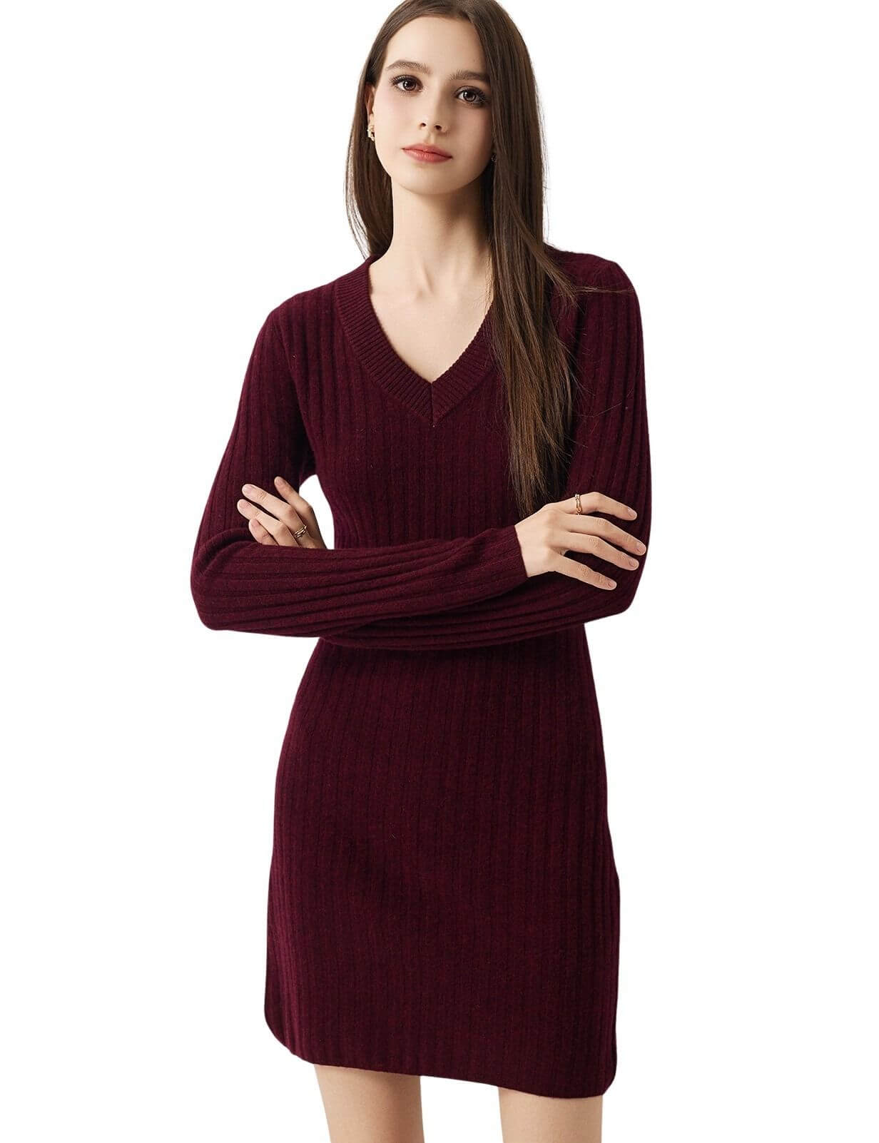 100% Merino Wool V Neck Sweater Dress