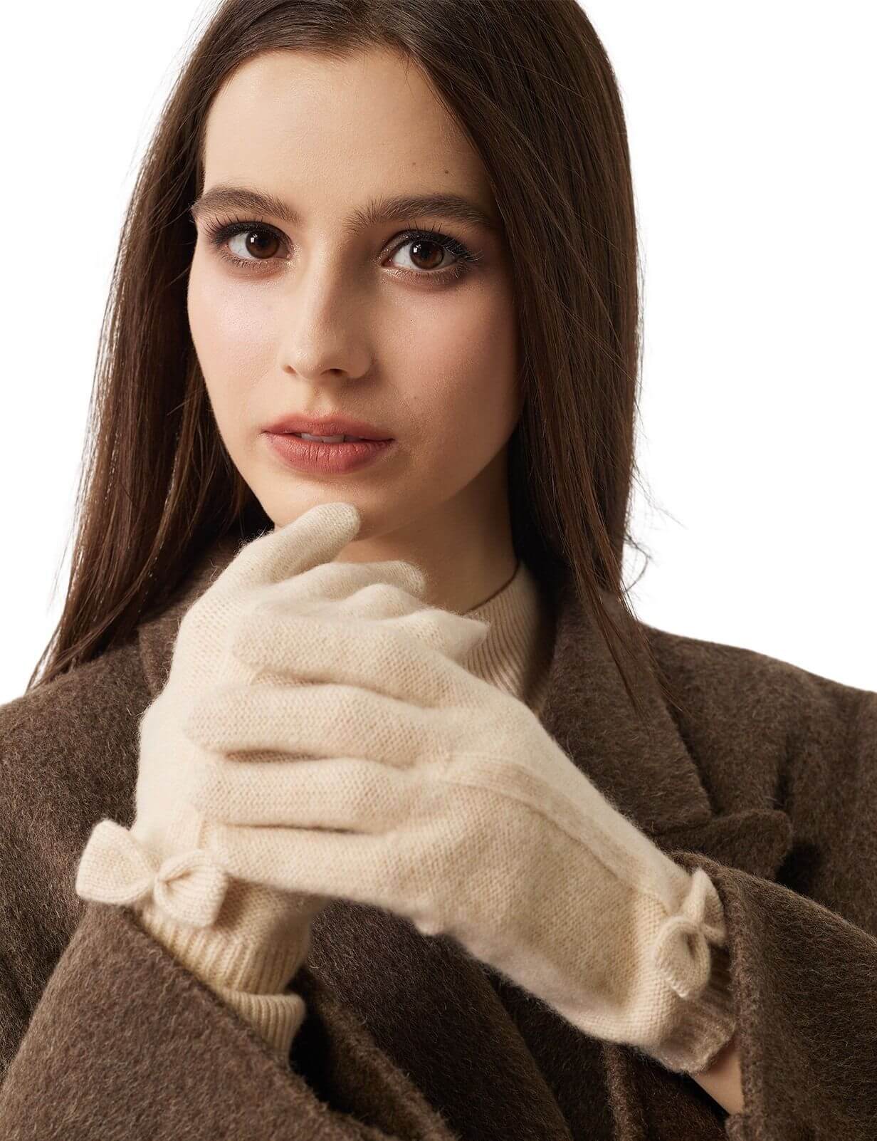 100% Pure Cashmere Gloves Winter Knit Bow Gloves