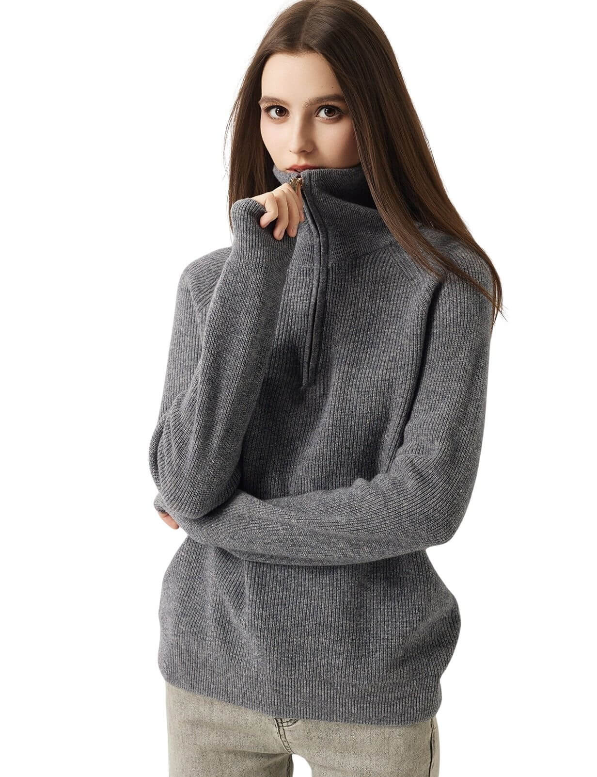100% Merino Wool Mock Neck Zip Sweater