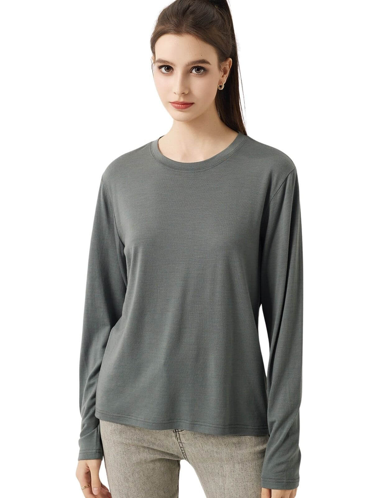 100% Merino Wool Crewneck Long Sleeve Knit Top