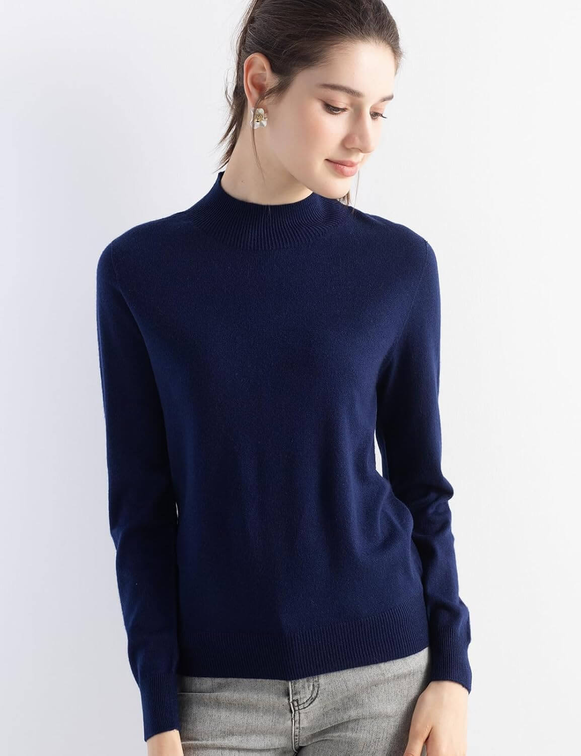 Merino Wool Blend Mock Neck Seamless Knit Sweater