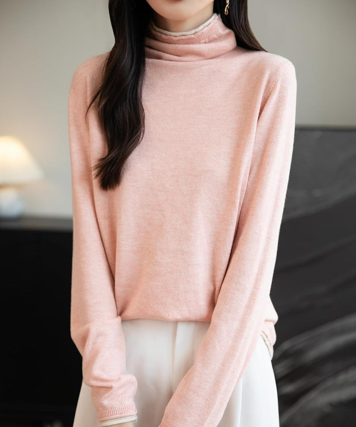 Merino Wool Blend Color Block Turtleneck Sweater