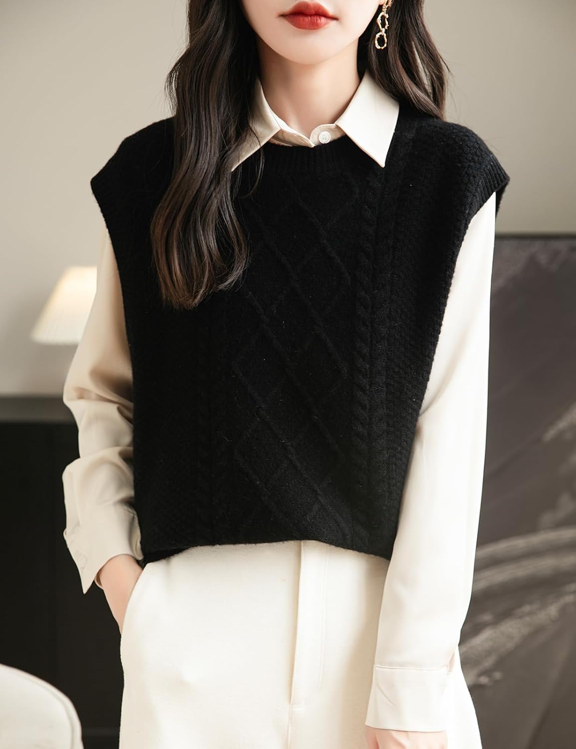 Chanyarn Women's 100% Merino Wool Sweater Vest 2025 Fall Winter Casual Crewneck Cable Sleeveless Knit Sweater Tank Tops