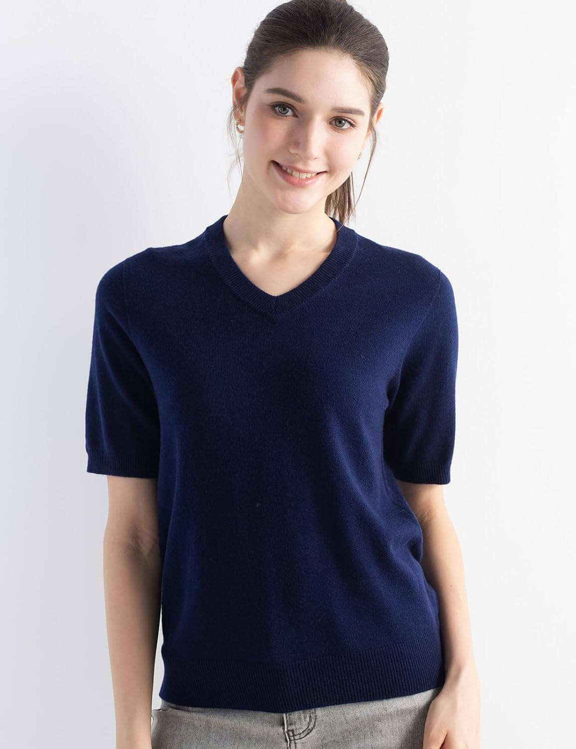 Merino Wool Blend V-Neck Short Sleeve Seamless Knit Sweater