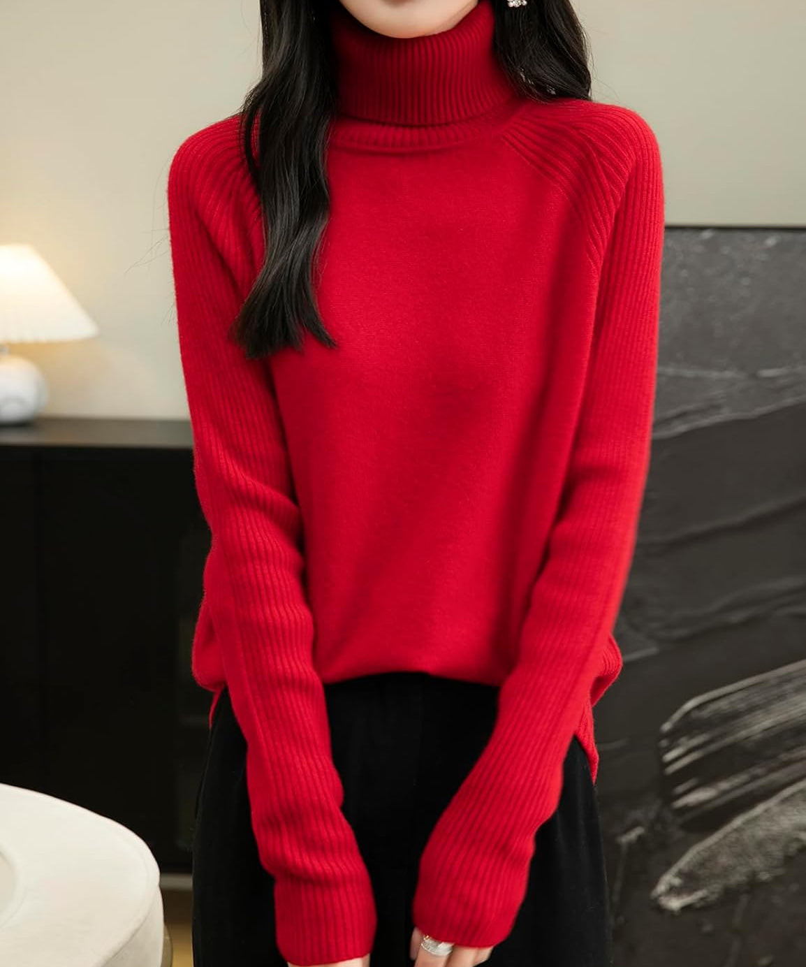 Women's 100% Merino Wool Raglan Turtleneck Sweater
