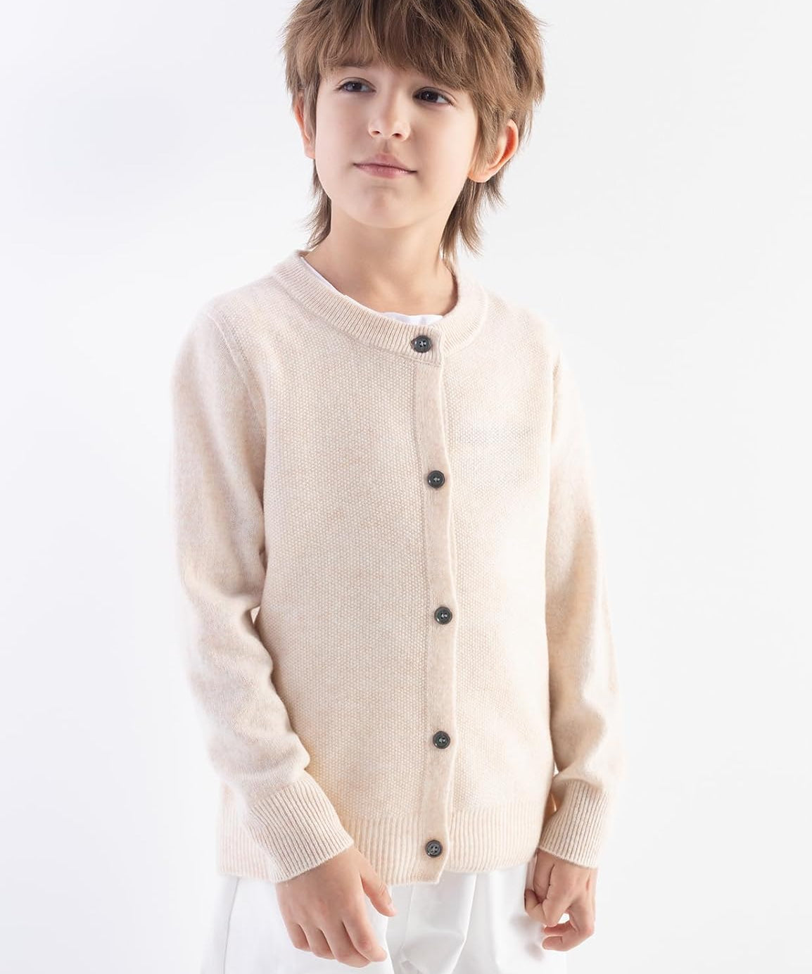 Boys' 100% Merino Wool Seamless Crewneck Cardigan