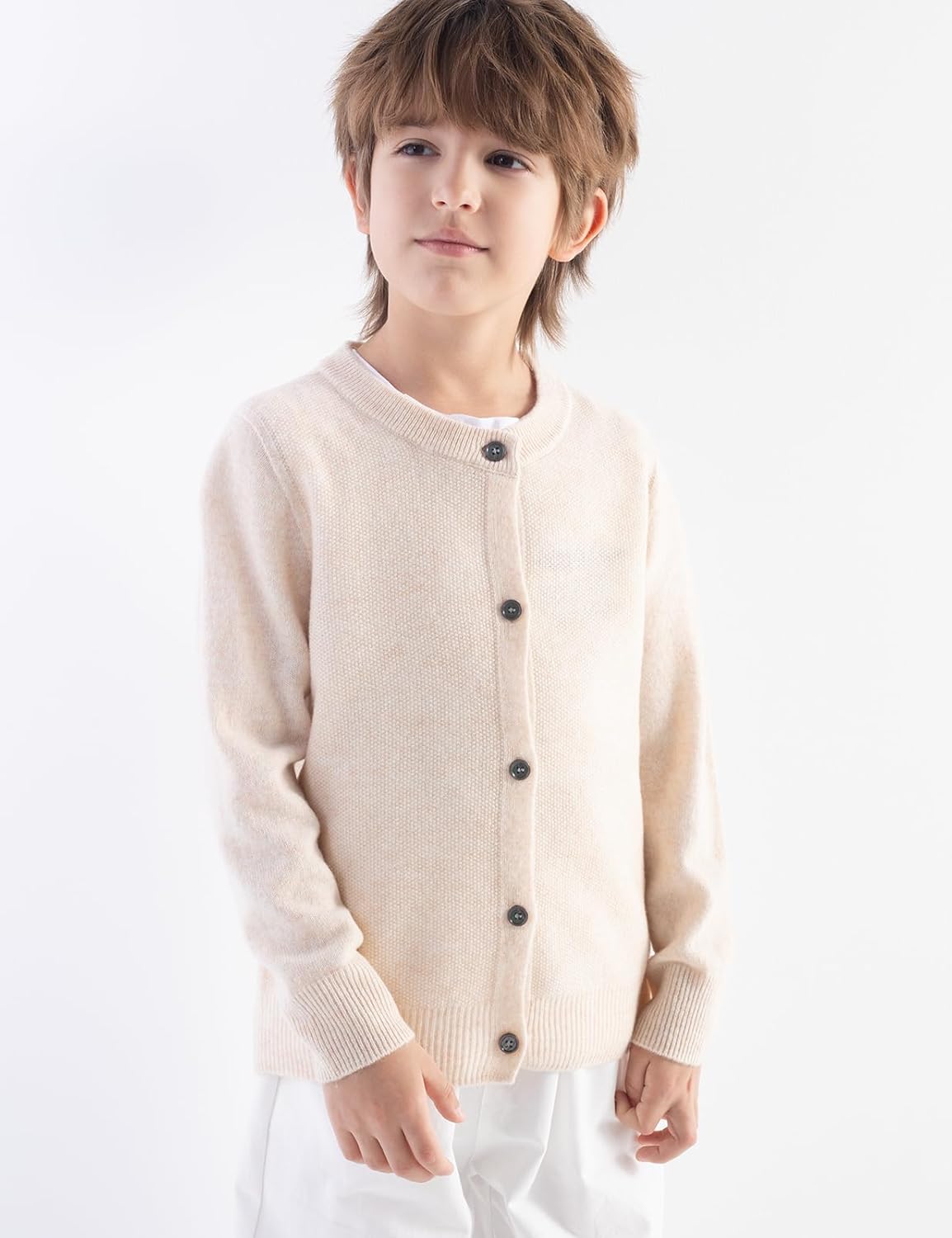 男の子100％メリノウールカーディガン秋の冬のファーストラインレディは乗組員の首の長袖シームレスニットセーターを着用します