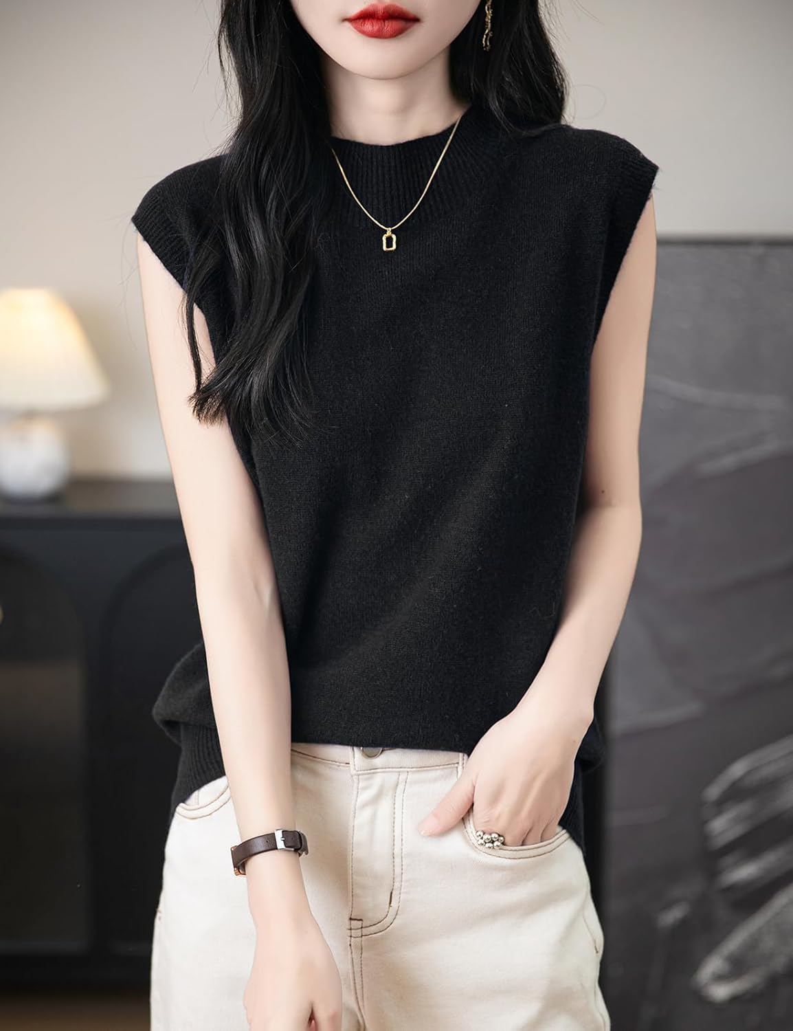 Women's 100% Merino Wool Spring Fall Winter First-Line Ready to Wear Mock Neck Seamless Knit Sleeveless Sweater Vest