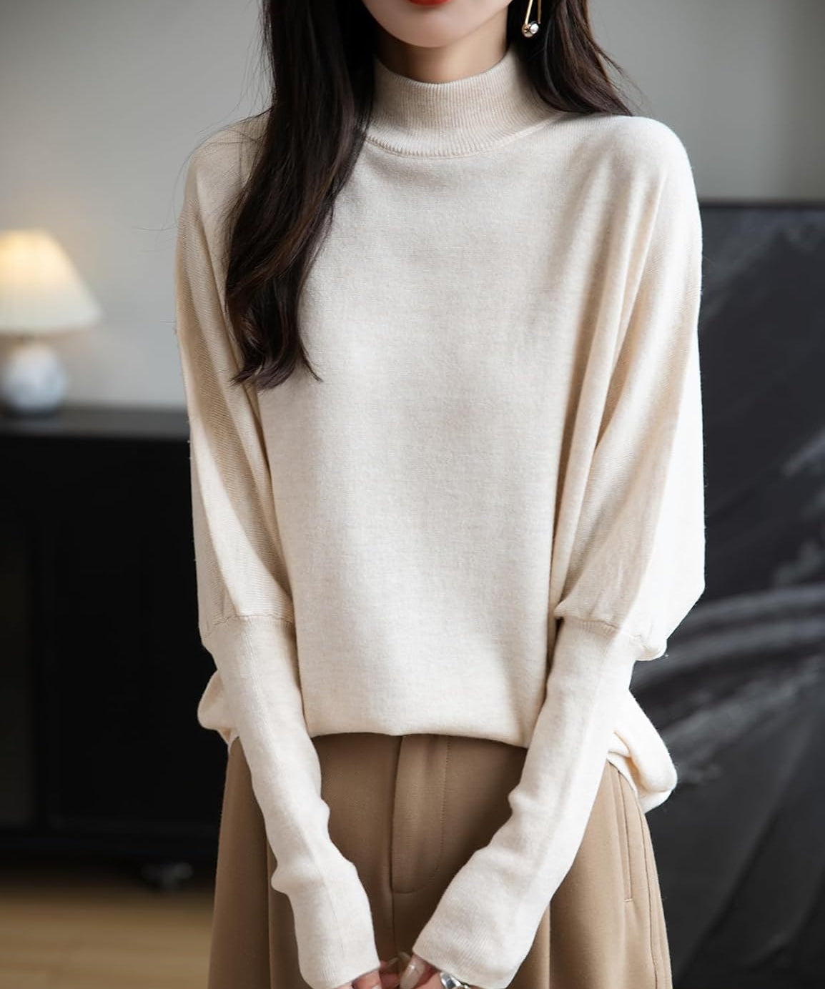 Merino Wool Blend Mock Neck Batwing Sleeve Sweater