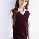 Girls 100% Merino Wool Sweater Vest V-Neck Sleevless 2025 Fall Winter Cable Tops Knitted Pullover Vest
