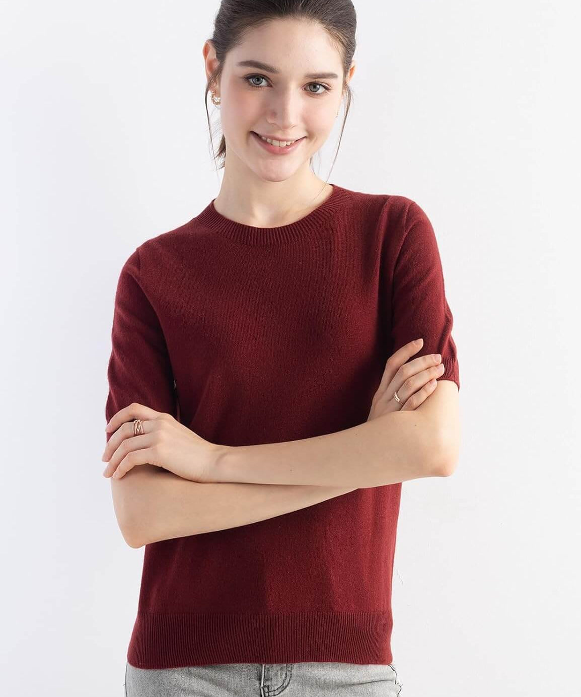 Merino Wool Crew Neck Short Sleeve Seamless Knit Sweater