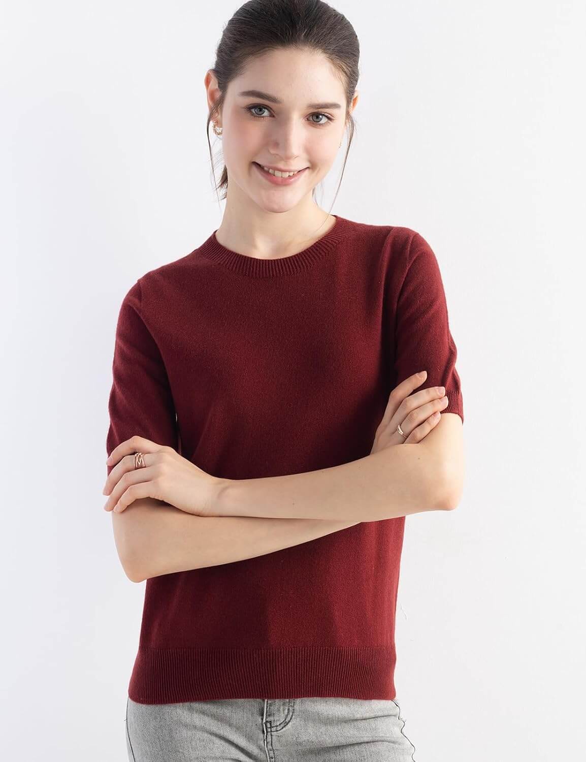 Merino Wool Blend Crew Neck Short Sleeve Seamless Knit Sweater