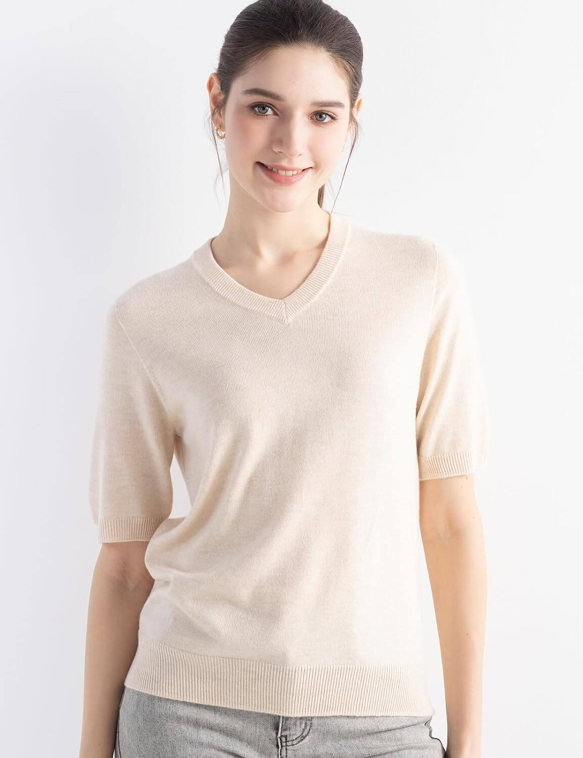 Merino Wool Blend V-Neck Short Sleeve Seamless Knit Sweater