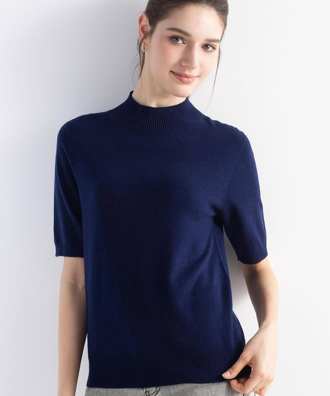 Merino Wool Mock Neck Short Sleeve Seamless Knit Sweater