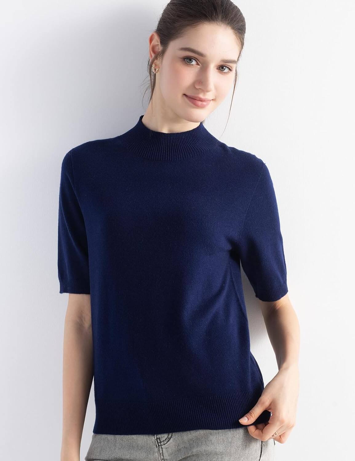 Women's Merino Wool Sweater 2025 Fall Winter Mock Neck Short Sleeve First-Line Ready to Wear Seamless Knit Sweater